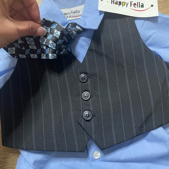 👔 Baby Boy 12M Dressy Set – Blue Shirt, Striped Pants & Tie - Picture 3 of 9